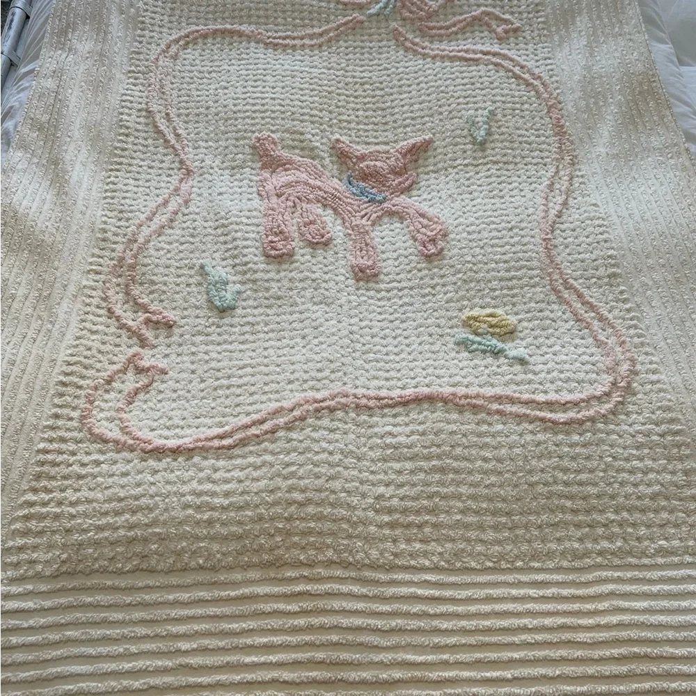 1950s Vintage Cotton Chenille Lamb Baby Blanket 62x39